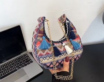 Handmade Ethnic Style Bag, Tassels Pattern Small Handbag, Boho Tote Handbag, Reusable Bohemian Handbag