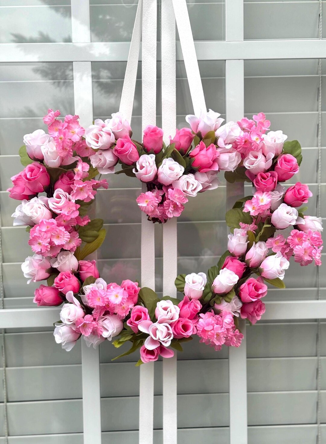 Heart Wreath With Bow, Pink Roses, Valentines Day Wreath, Spring Decor ...