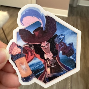 May include: A cartoon illustration of a pirate character with a red and black costume, a large hat with a blue feather, and a lantern in his hand. The background is a blue and white sky with clouds.