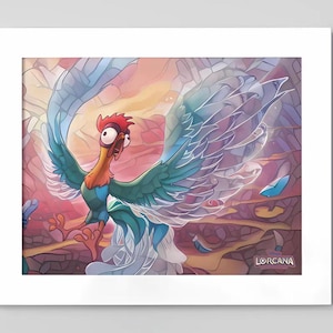 May include: A framed print featuring a cartoon rooster with a red comb, orange neck, and teal wings. The rooster is in mid-flight against a colorful, abstract background. The word "LORCANA" is printed in the lower right corner.