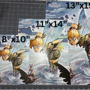 May include: Three rectangular prints featuring a Disney Lorcana illustration of Tinker Bell with wings, wearing a green outfit, hovering over a small ship. The prints are labeled with sizes 8"x10", 11"x14", and 13"x19" in black text.