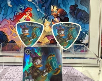 Lorcana Daisy Duck Promo Playmat Tube | Whispers in the Well Store Set Championship Sticker | Decal Monster-style Play mat | Vinyl