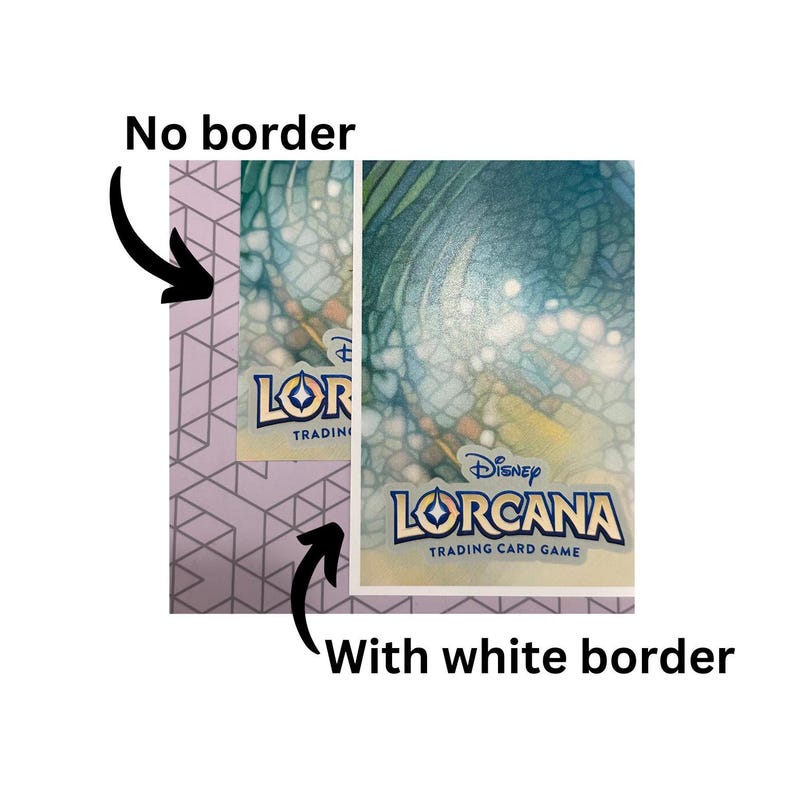 May include: Two Disney Lorcana trading cards displayed side-by-side. The left card features a full-bleed design with no border, while the right card includes a white border. Both cards show the Disney Lorcana Trading Card Game logo at the bottom.