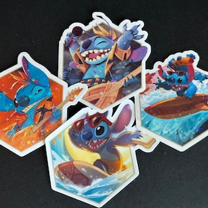 Pegatinas/calcomanías de vinilo impermeables de Stitch de Lorcana, Stitch de estrella de rock, Stitch surfista, Stitch encantado, Lilo y Stitch, decoración de carpetas comerciales