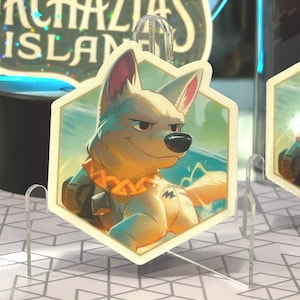 May include: A white and grey cartoon dog with a yellow collar and a lightning bolt tattoo on its chest. The dog is looking to the right and has a mischievous expression on its face. The image is in a hexagonal shape with a blue and white background.