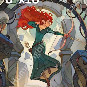 May include: A rectangular print measuring 8 inches by 10 inches featuring an illustration of a character with long red hair wearing a dark green dress. The character holds a wooden bow and arrow, positioned in front of a stone archway.