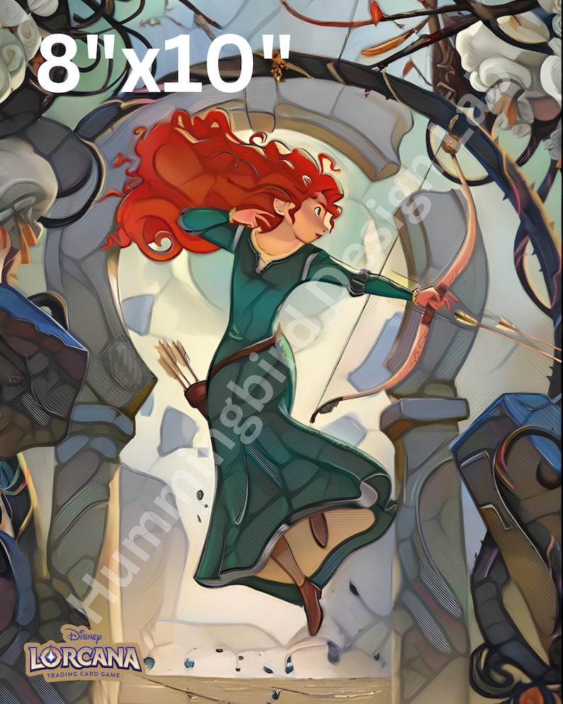 May include: A rectangular print measuring 8 inches by 10 inches featuring an illustration of a character with long red hair wearing a dark green dress. The character holds a wooden bow and arrow, positioned in front of a stone archway.