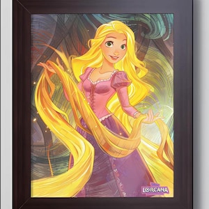 May include: A framed illustration of a cartoon princess with long flowing blonde hair, wearing a pink and purple dress. The background is a colorful abstract design. The image is signed "Lorcaana".