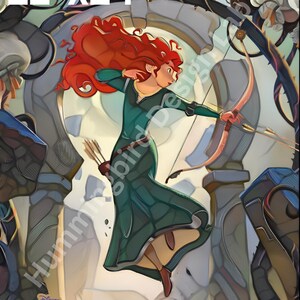 May include: A digital illustration of a character with long red hair wearing a dark green dress, holding a wooden bow and arrows, positioned in front of a stone archway. The text 11"x14" and Disney Lorcana Trading Card Game are visible.