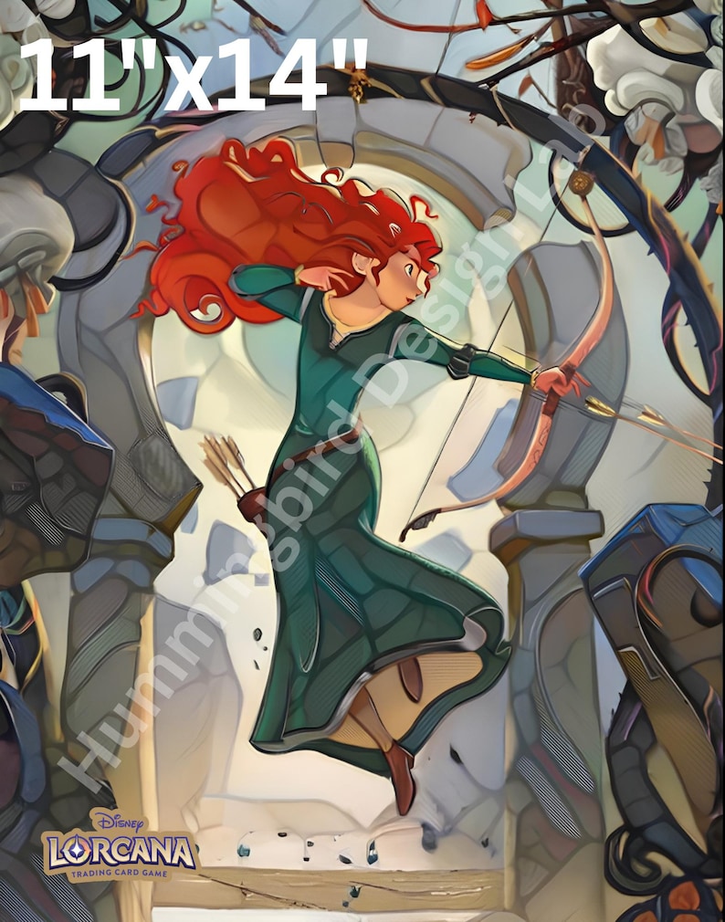 May include: A digital illustration of a character with long red hair wearing a dark green dress, holding a wooden bow and arrows, positioned in front of a stone archway. The text 11"x14" and Disney Lorcana Trading Card Game are visible.