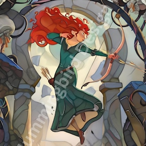 May include: A 13" x 19" poster featuring a stylized illustration of a character with long red hair wearing a dark green dress, holding a bow and arrow. The character is positioned in front of a stone archway. The Disney Lorcana logo is visible.