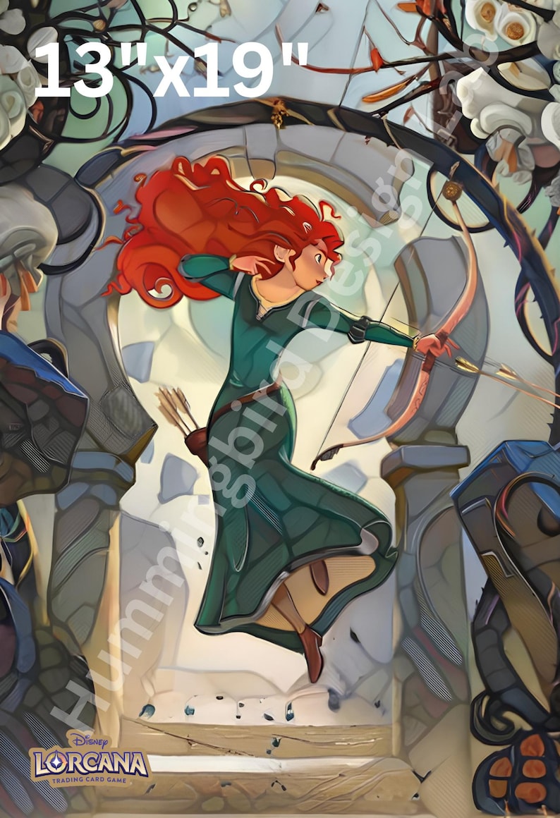May include: A 13" x 19" poster featuring a stylized illustration of a character with long red hair wearing a dark green dress, holding a bow and arrow. The character is positioned in front of a stone archway. The Disney Lorcana logo is visible.