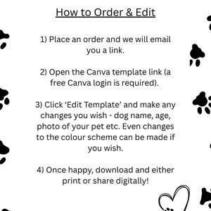May include: White background with black paw prints and text. The text reads "How to Order & Edit" followed by numbered steps to customize a template, including editing dog details and downloading the final design.
