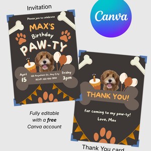 Dog Birthday Party Invitation & Thank You Card Bundle | Editable Canva Template (Digital Download)