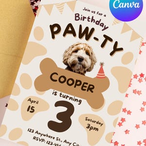 Plantilla editable de Canva para invitación de cumpleaños de perro o fiesta de cachorros (descarga digital)