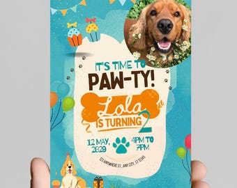 Editable Custom Pet Birthday Invite, Dog Puppy Party Invitation, Canva Template, Instant Digital Download