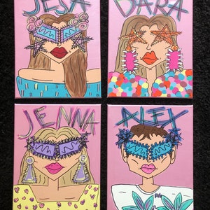 May include: Four pink canvas paintings with colorful illustrations of people wearing sunglasses. Each painting has a name written at the top: "Jesa", "Dara", "Jenna", and "Alex".