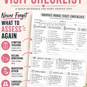 May include: A Hospice Nurse Visit Checklist printable document featuring sections for patient assessment, decline indicators, medication review, caregiver check-in, observation, interventions, supplies, follow-up, and end of visit notes.