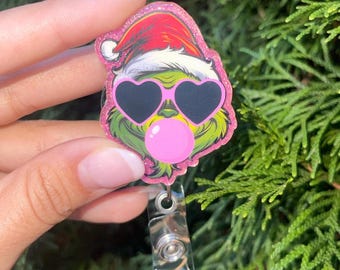 Glitter Grinch Badge Reel: Holiday Alligator Clip