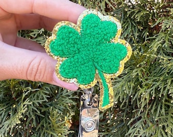 St Patrick's Day Glitter Clover Badge Reel: Alligator Clip