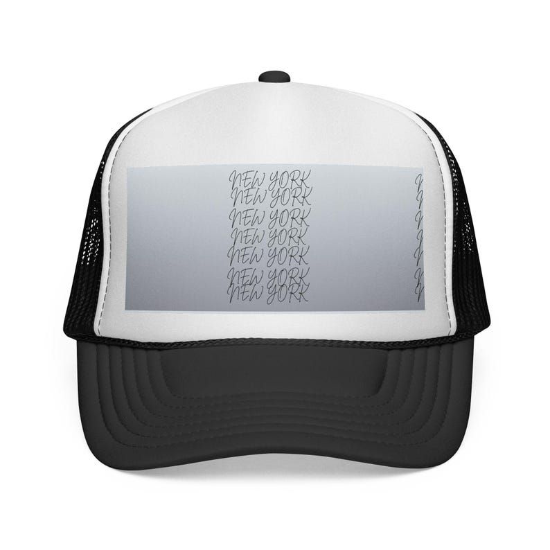 Blue Rectangular Patch with Script Logo Trucker Cap | Minimal Graphic Hat image 1