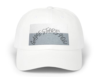 Silver Glitter Brushstroke with Script Cap | Classic Dad Cap GAME STARTS NOW