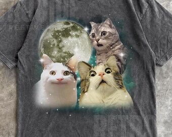 Camisetas con gráficos retro de tres gatos y luna, camiseta vintage con meme de gato y luna, para amantes de los gatos, camiseta divertida de gato, camiseta lavada extragrande, camiseta con meme extraño R34