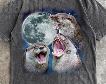Three Otters Vintage Graphic T-shirts, Retro Otter Moon Tshirt, Otter Lovers, Funny Graphic Tee, Oversized Washed Tee, Weirdcore TShirts R29