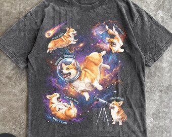 Corgi Floating In Galaxy Vintage 90s T-Shirt, Retro Funny Dog Unisex Tee, Funny Dogs Meme Shirt, Corgi Lovers Tee, Trippy Graphic Shirt R830