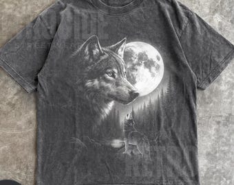 Camiseta vintage de lobo de los 90 con estampado de semitonos, camiseta retro de luna para amantes de los lobos, camiseta Alpha de la luna y la naturaleza de los 2000, camiseta unisex oversize nostálgica, regalo para amantes de los lobos R72