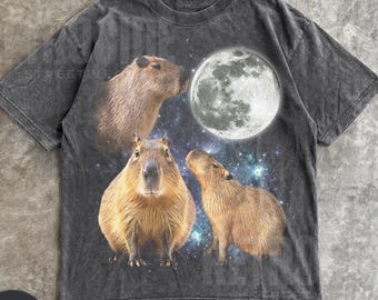 Three Capybara Vintage Graphic T-shirt,Retro Capybara Moon Tshirt, Capybara Lovers,Funny Capybara Tee,Oversized Washed Tee,Capybara Gift R61