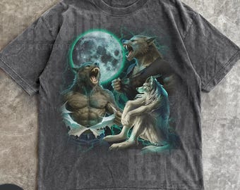 Alpha Wolf Vintage 90s T-Shirt,Retro Meme Tee, Grunge Clothing Aesthetic, Emo Silly Wolf Graphic Shirt, Alpha Wolf,Washed Oversize Shirt R22
