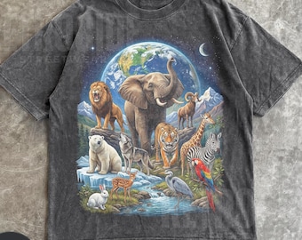 Earth Animals Vintage 90s Graphic Shirt, Retro Jungle Tee, Wild Free, Tiger, Lion, Elephant, Rabbit Nature Washed Oversize Galaxy Shirt R717