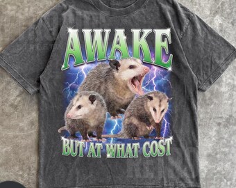 Awake But At What Cost Vintage Graphic T-Shirt, Retro Funny Possum Bootleg T Shirt, Vintage Opossum TShirt, Funny Gag Shirt, Washed Tee R886