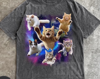Cats Floating In Galaxy Vintage 90s T-Shirt, Retro Funny Cat Unisex Tshirt, Funny Cat Meme Shirt, Kitten Lovers Tee,Trippy Graphic Shirt R36