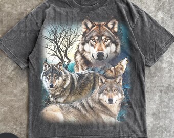 Vintage Wolf 90s Graphic Shirt, Wolf Lovers Retro Moon Tee, 2000s Nature Moon Alpha Tee, Nostalgia Unisex Oversize Tee,Wolf Party Gifts R184