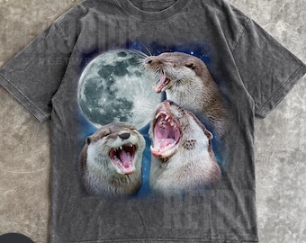 Three Otters Vintage Graphic T-shirts, Retro Otter Moon Tshirt, Otter Lovers, Funny Graphic Tee, Oversized Washed Tee, Weirdcore TShirts R29