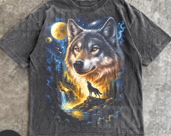 Wolf Vintage 90s Graphic Style Comfort Colors® Shirt, Grunge Retro Howling Wolf Faded Tee, Nature Galaxy Y2k Streetwear,2000s Wolf Gift R896