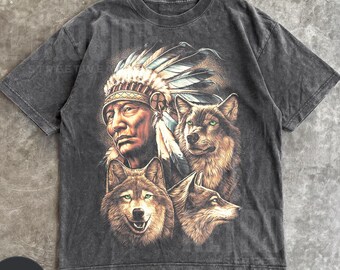 Camiseta American Native Wolf Comfort Colors®, Camisetas Retro Y2K Indígenas, Camiseta Nativo Americana, Camisa Nativo Americana, Amantes de los Lobos R484