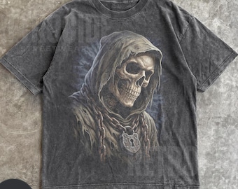 Camiseta gráfica vintage de los 90 con la Parca, camiseta de terror de arte oscuro, camiseta grunge retro con esqueleto, camiseta de calavera de los 90, camiseta gótica Y2K, top lavado R739