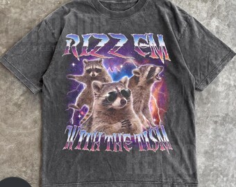 Rizz Em With The Tism Raccoon Vintage Graphic Shirt, Retro 90s Raccoon Rizz Graphic Shirt, Autism Awareness, Silly Shirt Lovers R894