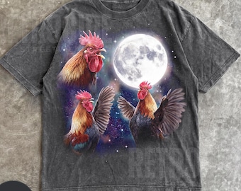 Chicken Howling at Moon Vintage 90s Graphic Shirt, Retro Three Roosters Howling to Moon Comfort Colors  T-Shirt, Farm Hen Galaxy Tee R862