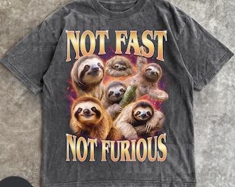 Not Fast Not Furious Vintage 90s Graphic T-shirts, Retro Funny Sloth Nature Moon Tshirt, Funny Sloth Gift, Cozy Sleeping Gift, Party R923