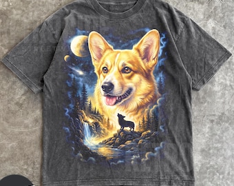 Corgi Howling to The Moon Vintage T-Shirt, 90s Retro Animal Graphic Tee, Corgi Mom Gift, Full Moon Animals Tee, Silly Dog Shirt R898