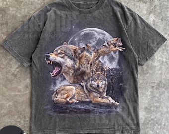 Three Wolves Vintage 90s Graphic T-shirts, Retro Alpha Moon T-shirt, Funny Wolf Lovers Gift, Relaxed Washed Shirt, Galaxy Nature Tee R866