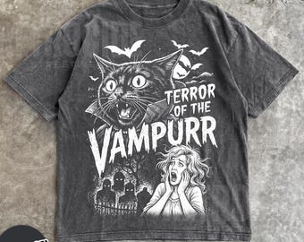 Vampurr Cat Tee, Vintage Retro Comfort Colors Horror Graphic Tee, Baggy Washed Funny Halloween Gift R706