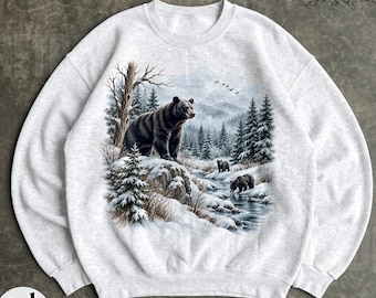Retro Black Bears Winter River Scene Sweatshirt - Nineties 90s Vintage Bear Climbing Tree Outfit - Boho Unisex Crewneck Sweatshirt R991