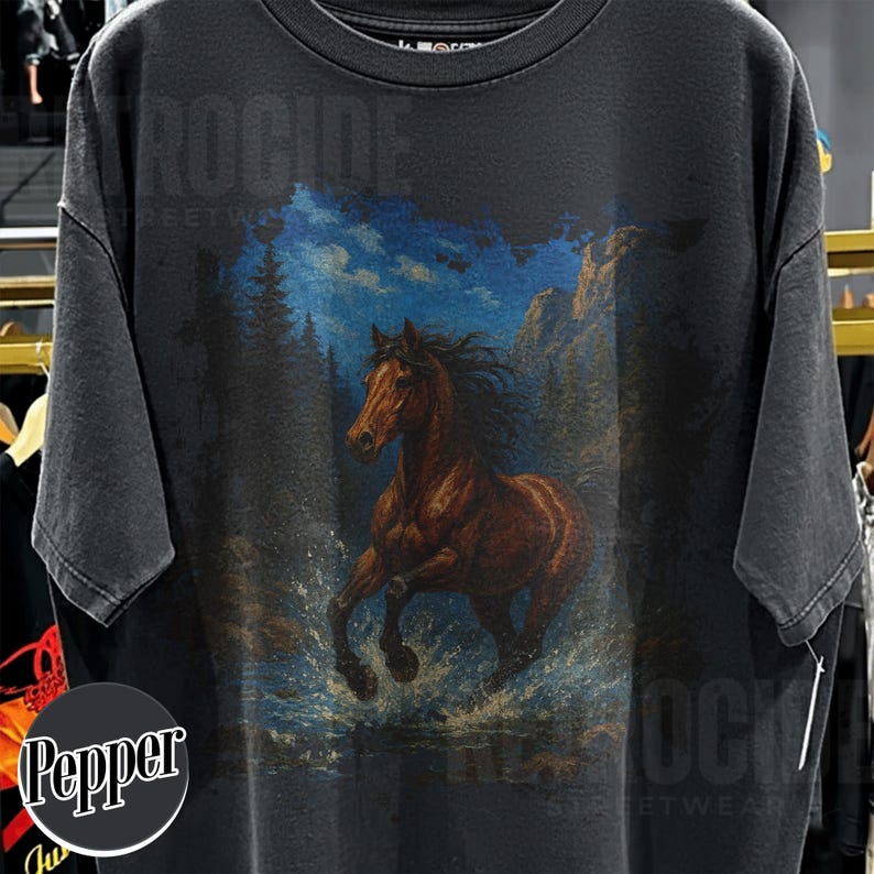 May include: Dark grey t-shirt with a brown horse graphic running through water, with a blue sky and trees in the background. The shirt has the text "ROCIDE STREETWEAR" printed at the top and bottom.