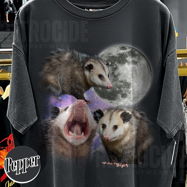 May include: Dark grey t-shirt with a graphic of three opossums and a full moon. The opossums are in different poses, one yawning. The shirt has the text "ROCIDE STREETWEAR".