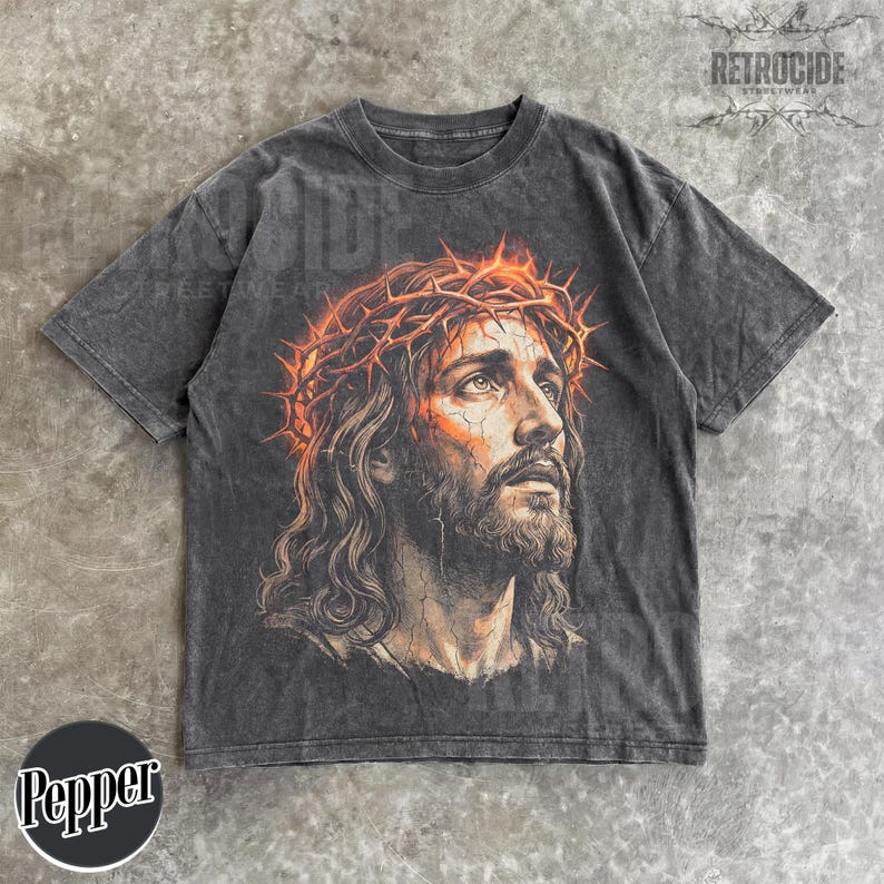 Camiseta vintage de los 90 con estampado de Jesús, colores cómodos, camiseta con retrato de Jesús, camiseta de Pascua, camiseta cristiana de Pascua, camiseta retro extragrande lavada R763 imagen 1